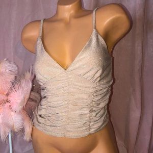 Sparkly glittery pinup gathered riches top tank v neck blouse tan champagne M